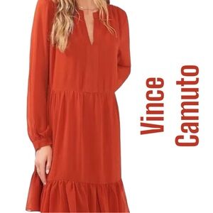 NWT VINCE CAMUTO Classic dress with V neck placket long long ruffled hemline